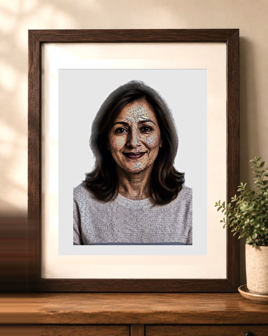 Framed word-art portrait for a birthday or anniversary, in a wood frame on a desk
