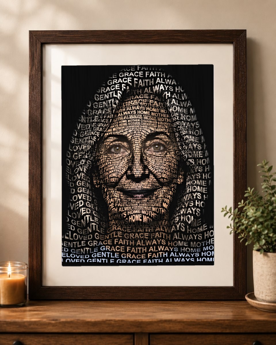 Framed word-art memorial portrait, matted in a walnut frame on a console